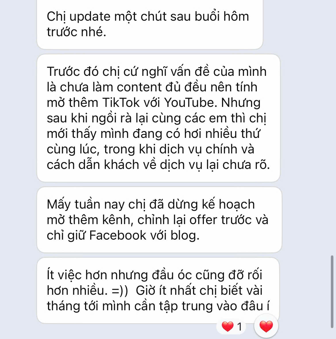 Ảnh chụp phản hồi thực tế của khách hàng sau buổi làm việc cùng The Quiet Builders