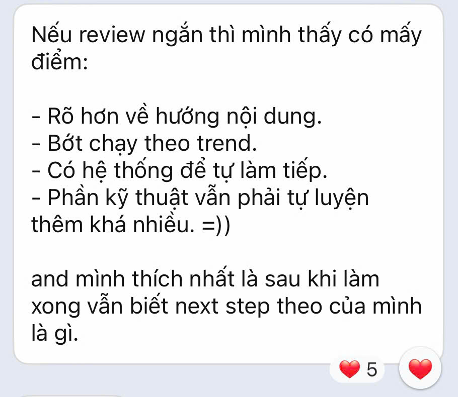 Tin nhắn phản hồi về hướng nội dung rõ ràng và các bước tiếp theo sau quá trình đồng hành
