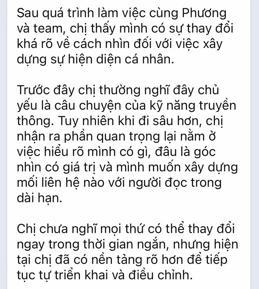 Tin nhắn phản hồi về nền tảng xây dựng sự hiện diện cá nhân sau quá trình làm việc